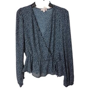 Anthropologie Nine Britton Faux Wrap Blouse Green White Long Sleeve, Petite L